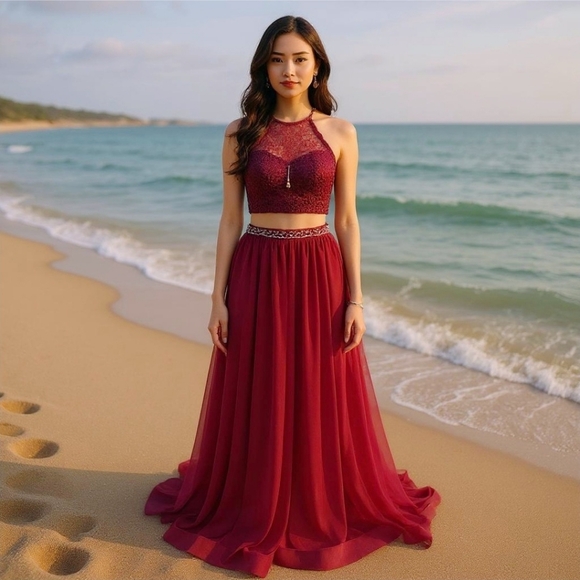 Sequins Heart's Formal Floor-length Gown Merlot Beaded Extra LG Hem Skirt - Picture 1 of 16
